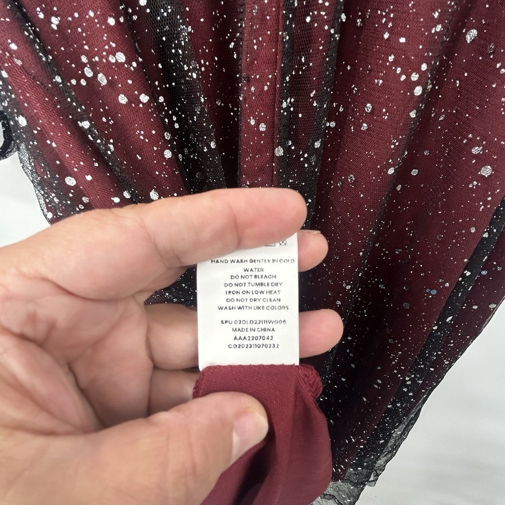 NWT BloomChic 18/20 Burgundy Glitter Mesh Midi Dress Surplice Long Sleeve Belt - Picture 9 of 9